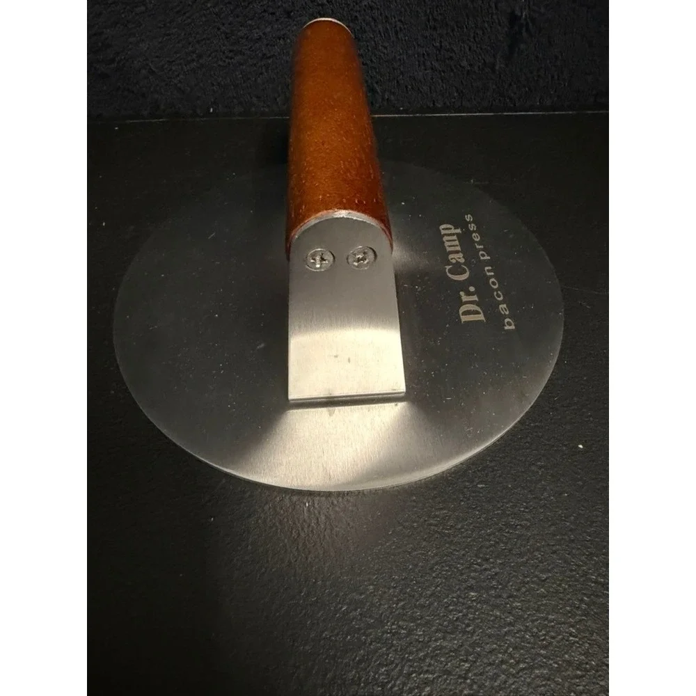 Dr. Camp Bacon Press Stainless Steel Round Meat Weight with Wood Handle Silver
